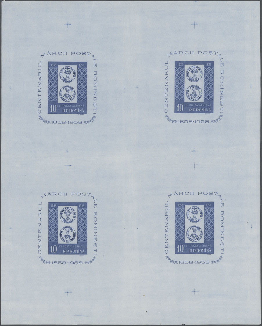 ** Rumänien: 1958. BF 10l Bleu Centenaire Du Timbre. Feuille De 4 Blocs Non Dentelés. Non Répertorié. (Yver BF41) - Covers & Documents