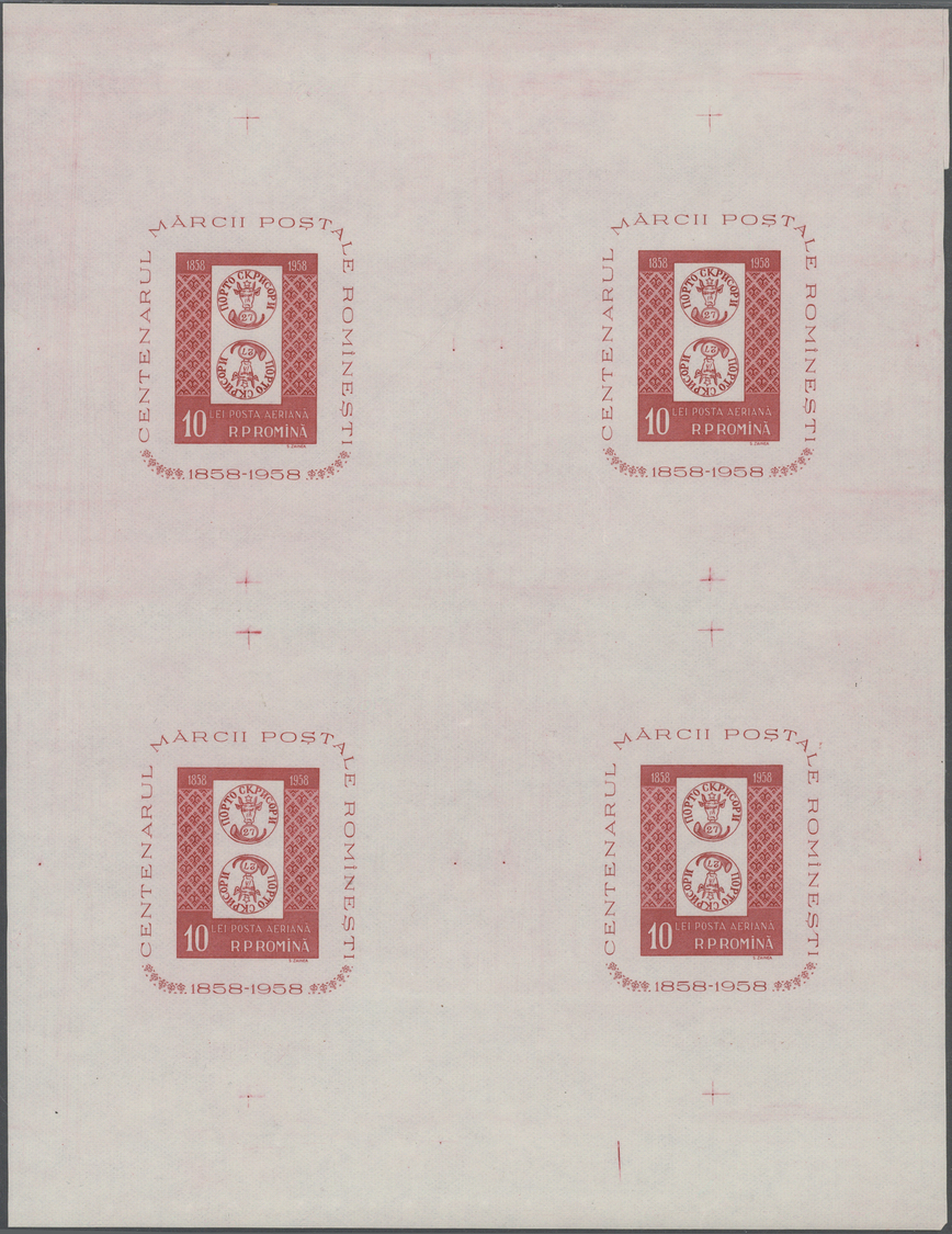 ** Rumänien: 1958. BF 10l Rouge Centenaire Du Timbre. Feuille De 4 Blocs Non Dentelés. Non Répertorié. (Yver BF42 - Lettres & Documents