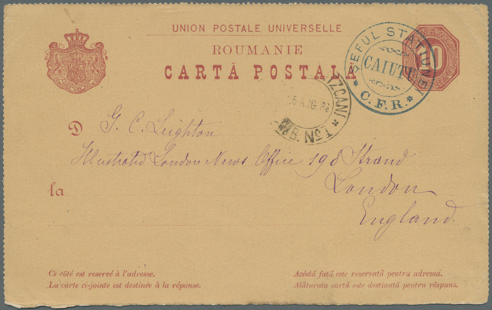 GA Rumänien - Ganzsachen: 1886. Postal Stationery Card J10 Red Written From Gara Caiutu Dated '14th Aug 1886' Can - Postal Stationery