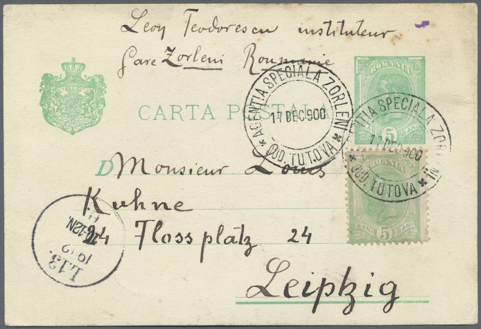 GA Rumänien - Ganzsachen: 1900, 5 B. Stat. Card Uprated With 5 B. Karl I Cancelled With Interesting Cancellation - Entiers Postaux