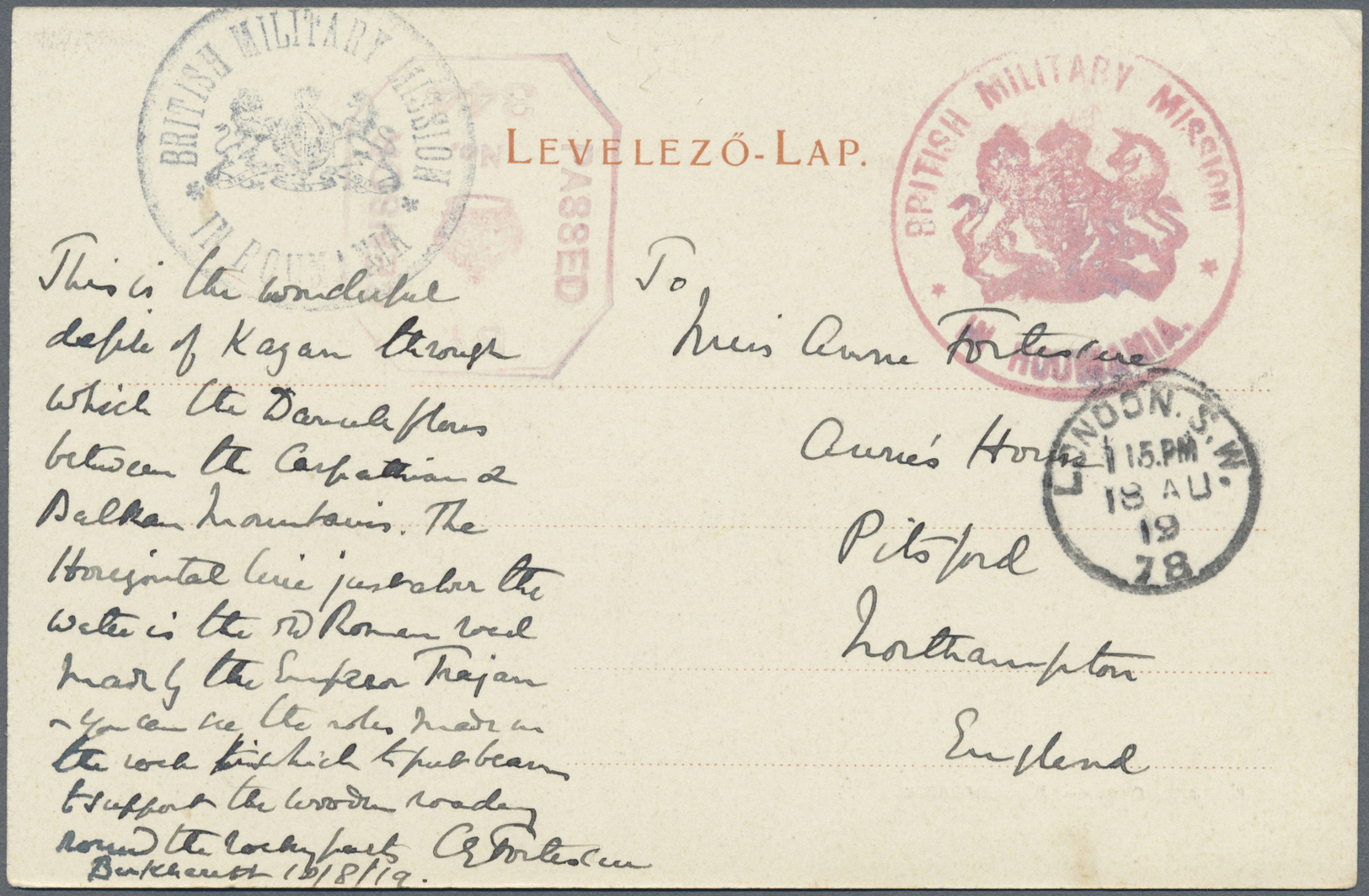 Br Rumänien - Besonderheiten: 1919 – British Military Mission. Stampless Picture Post Card Addressed To London Ca - Other & Unclassified