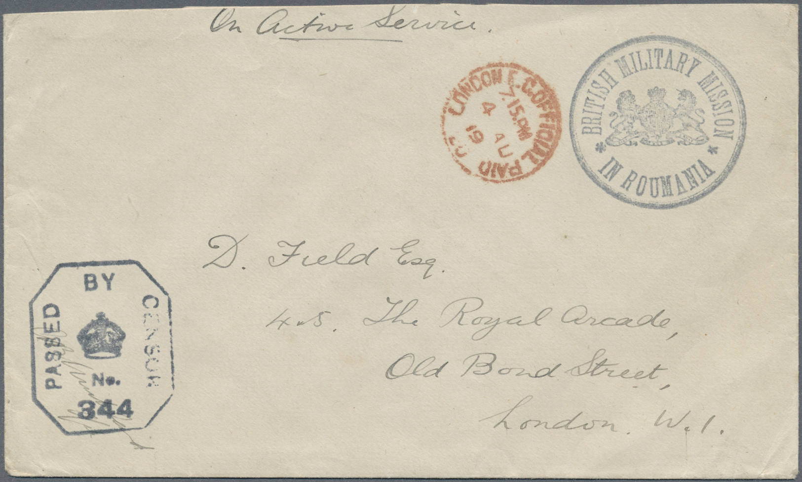 Br Rumänien - Besonderheiten: 1919 – British Military Mission. Stampless Envelope Endorsed 'On Active Service' Ad - Autres & Non Classés