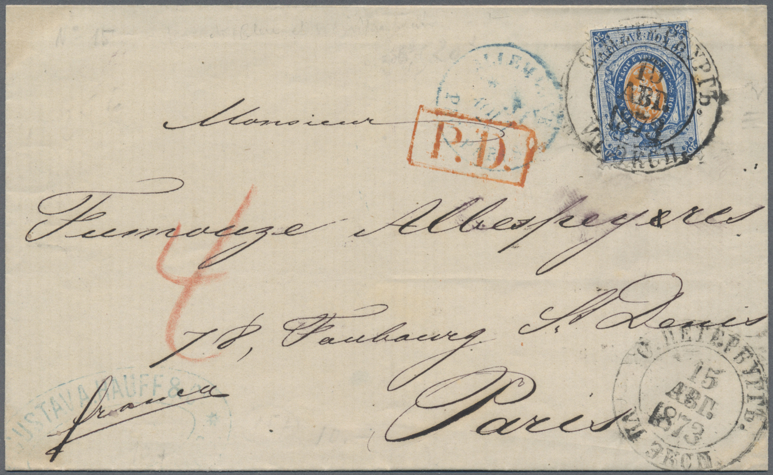 Br Russland: 1873, 20 Kop Single Franking On Folded Letter From St. Petersburg To Paris - Neufs