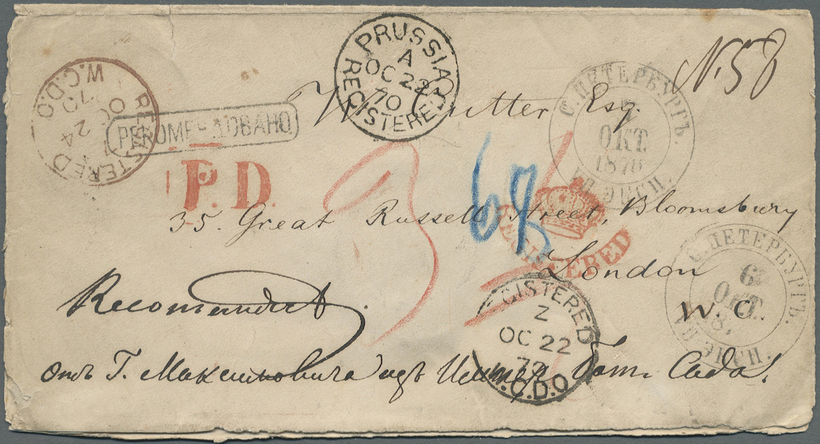 Br Russland: 1870. Registered Stampless Envelope (opened On Three Sides) With On Reverse 5 Complete Seals Address - Unused Stamps