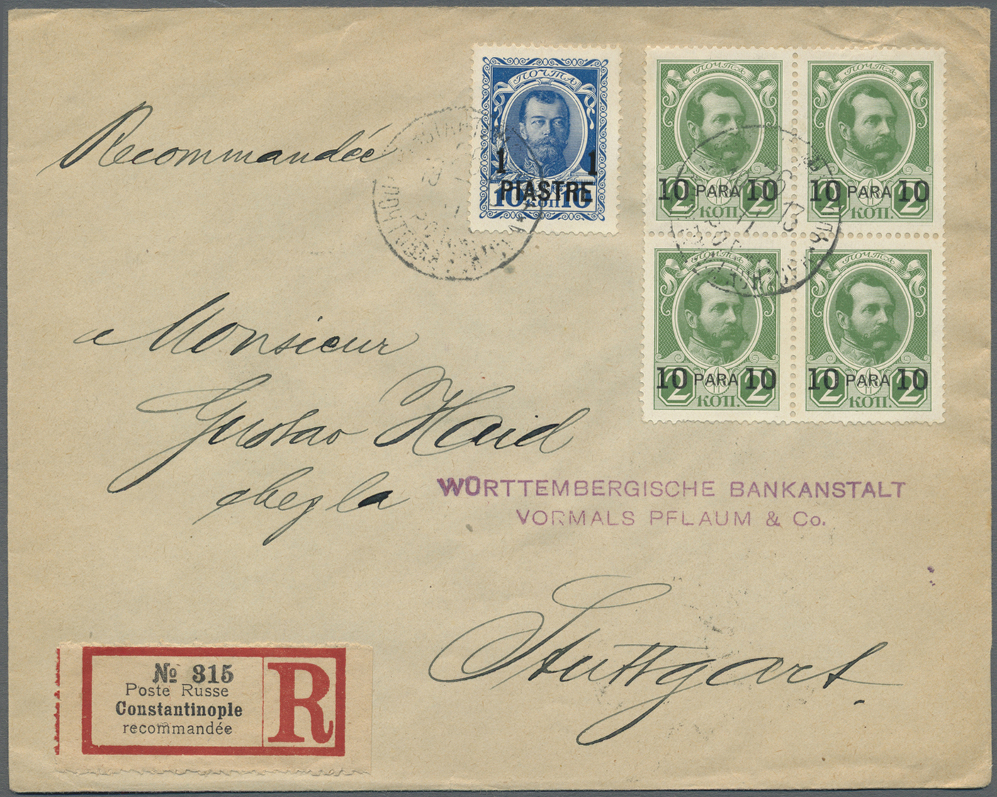 Br Russische Post In Der Levante - Staatspost: 1913. Registered Envelope To Germany Bearing Levant Yvert 176, 10p - Levant