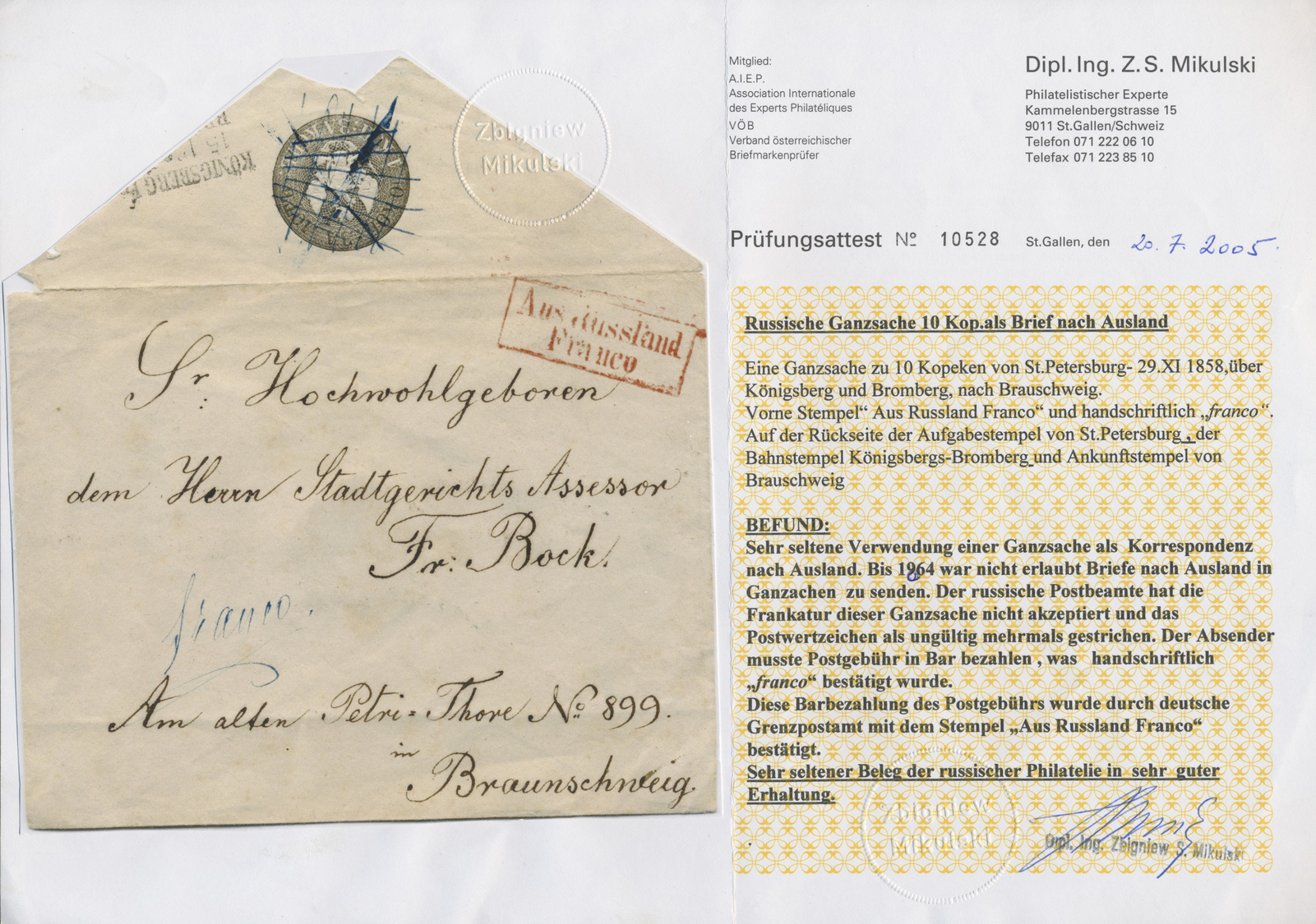 GA Russland - Ganzsachen: 1858, Stationery Envelope 10kop. Grey, Used From "ST.PETERSBOURG 29.XI.1858" To Braunsc - Stamped Stationery