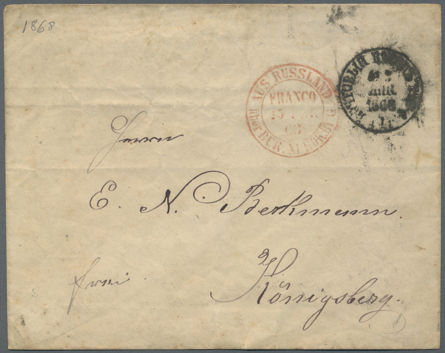 GA Russland - Ganzsachen: 1868, 1 Kop Black Postal Stationery Cover Use Abroad To Königsberg/Prussia With Red Dou - Entiers Postaux