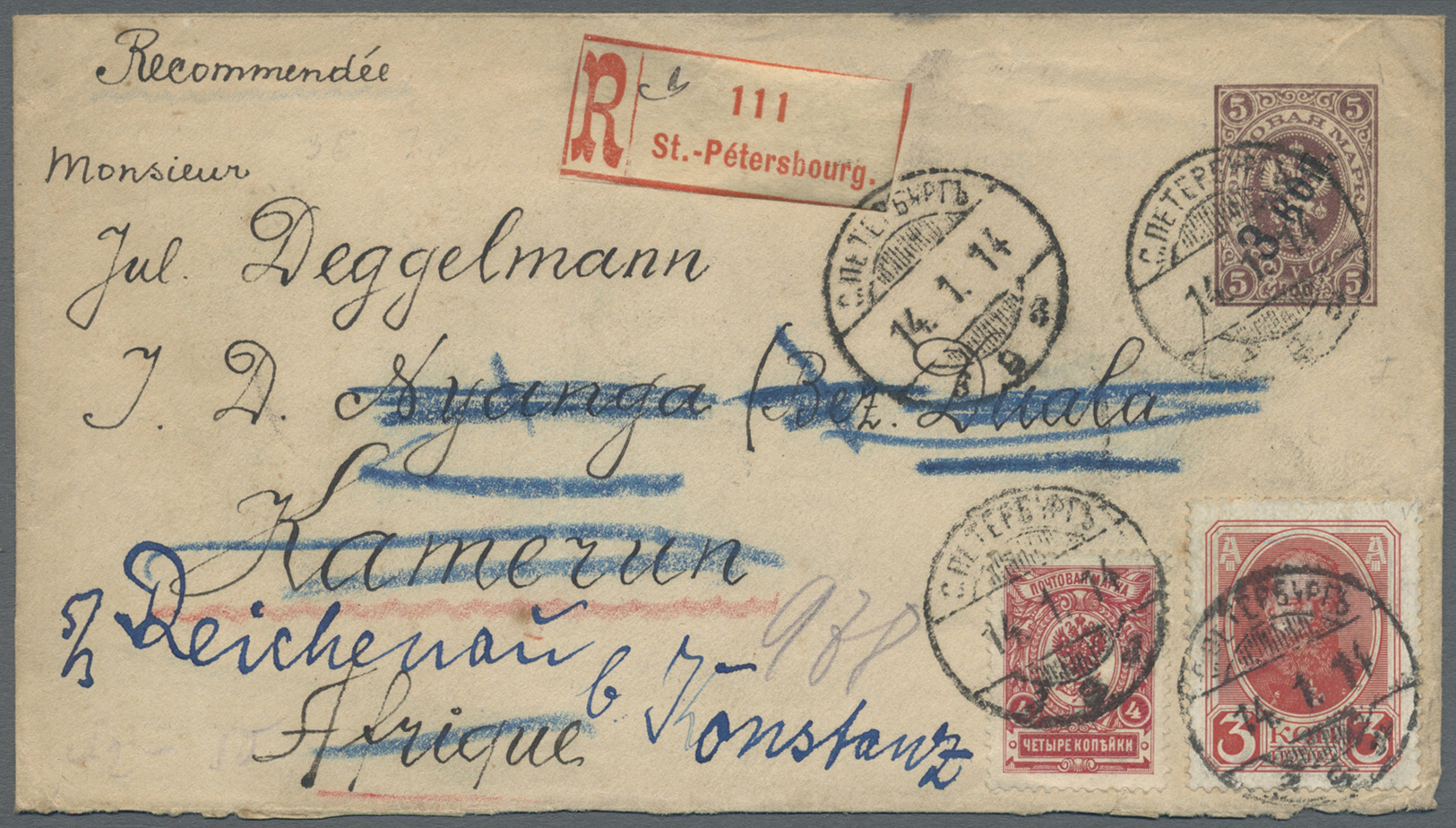 GA Russland - Ganzsachen: 1914, Envelope 3 K./5 K. Uprated Romanov 3 K., 1 K. And Definitives 3 K., 2 K., 1 K. (b - Entiers Postaux