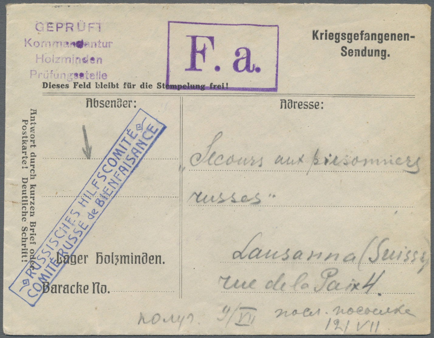 Br Russland - Besonderheiten: 1915. German P.O. W. Camp Printed Envelope Headed 'Geprüft Kommandantur Holzminden - Other & Unclassified