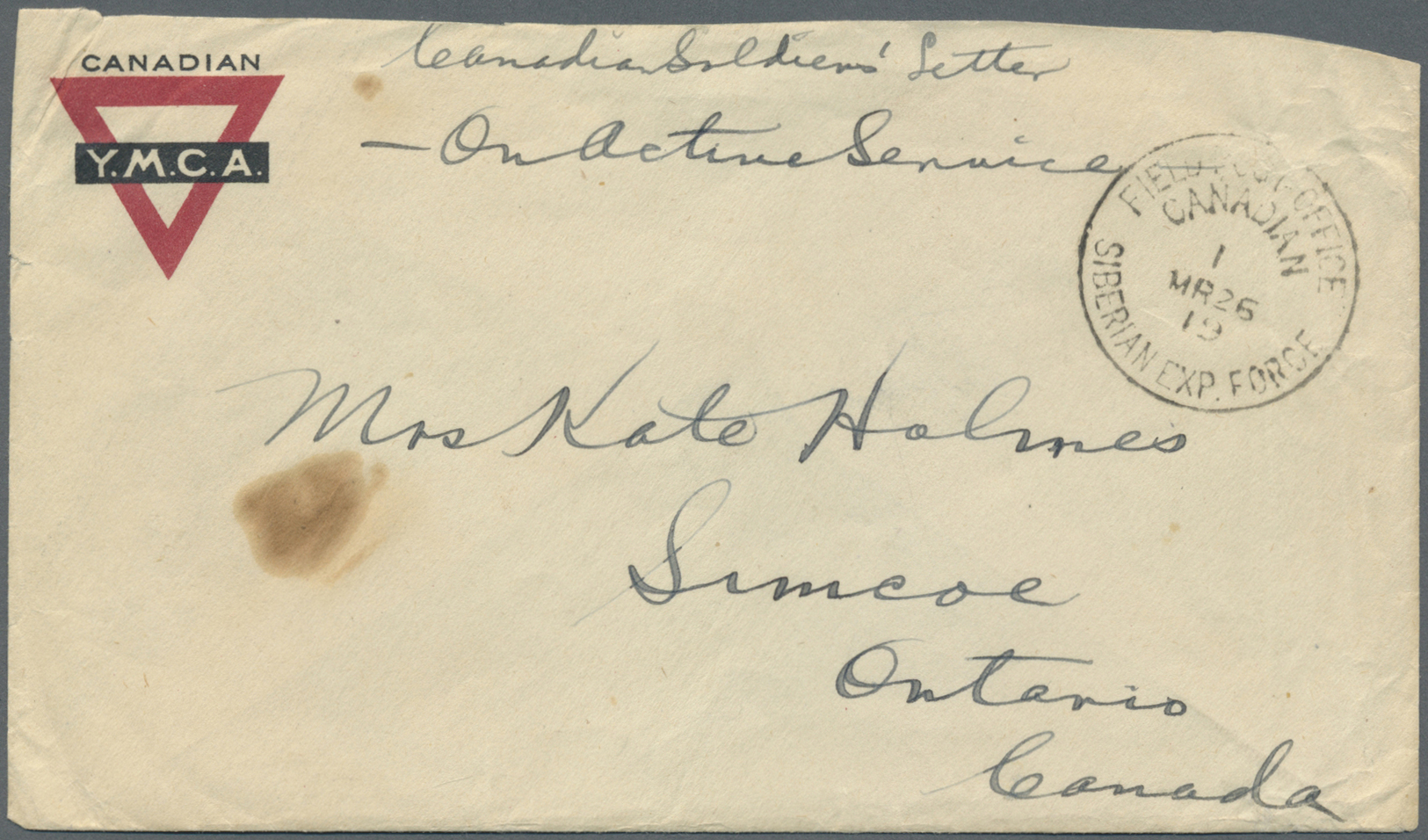 Br Russland - Besonderheiten: 1919. Stampless·'Canadian/Y.M.C.A.' Envelope (small Stains) Written From 'Pte. Holm - Autres & Non Classés