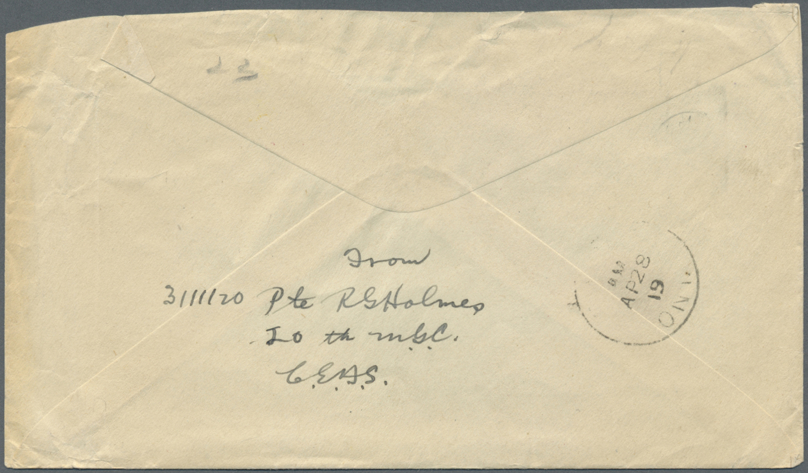 Br Russland - Besonderheiten: 1919. Stampless·'Canadian/Y.M.C.A.' Envelope (small Stains) Written From 'Pte. Holm - Autres & Non Classés