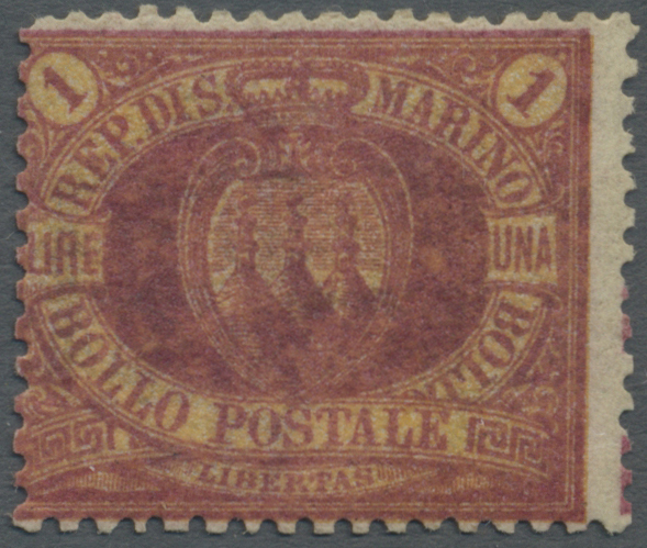* San Marino: 1892, 1 L. Carmine And Yellow, Mint Tiny Hinge Remain, Expertised Thier And Diena, Sassone Catalog - Neufs