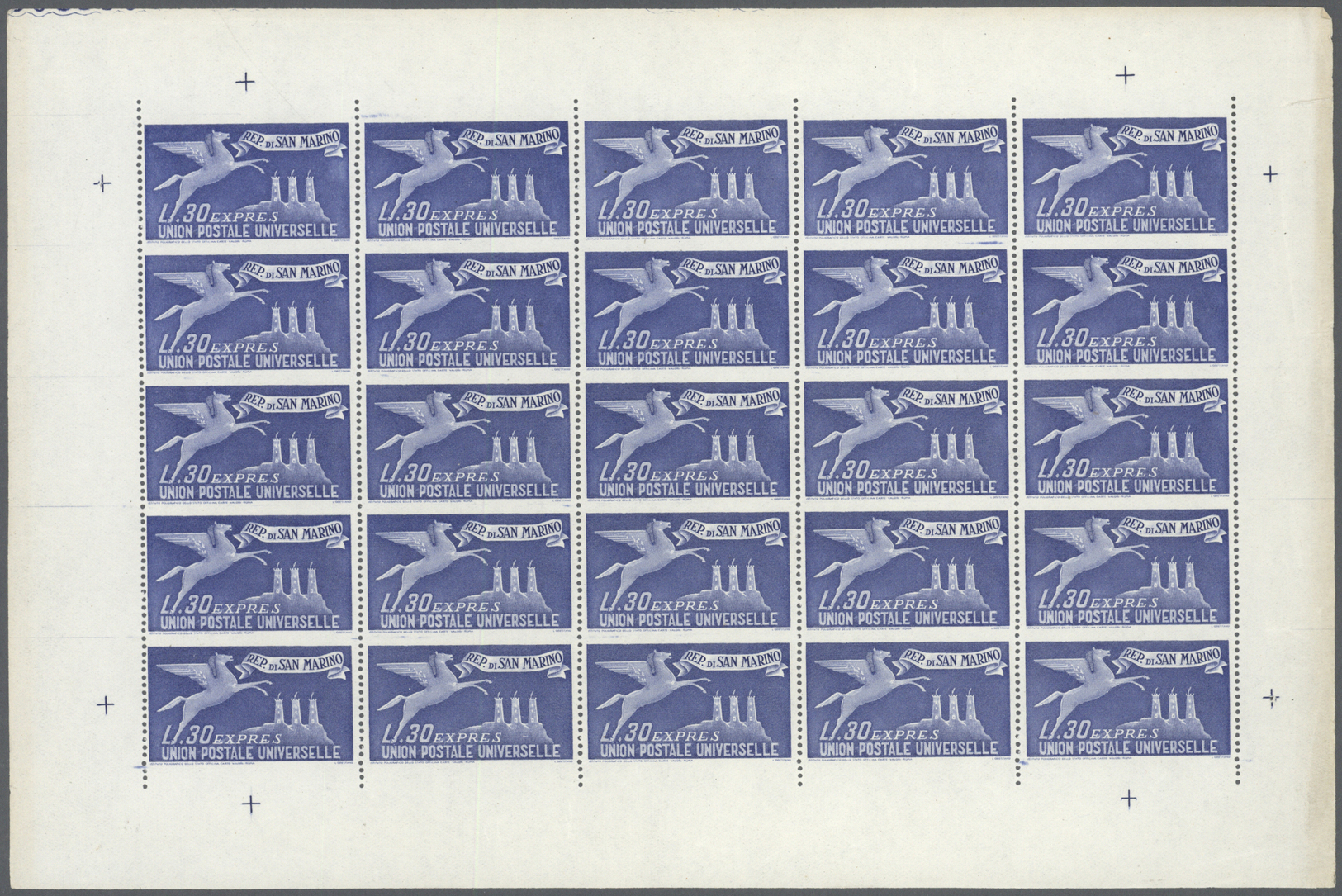 ** San Marino: 1946, 30l. Blue Express Stamp, Sheet Of 25 Stamps (few Imperfections In Margin) Showing Variety "i - Neufs