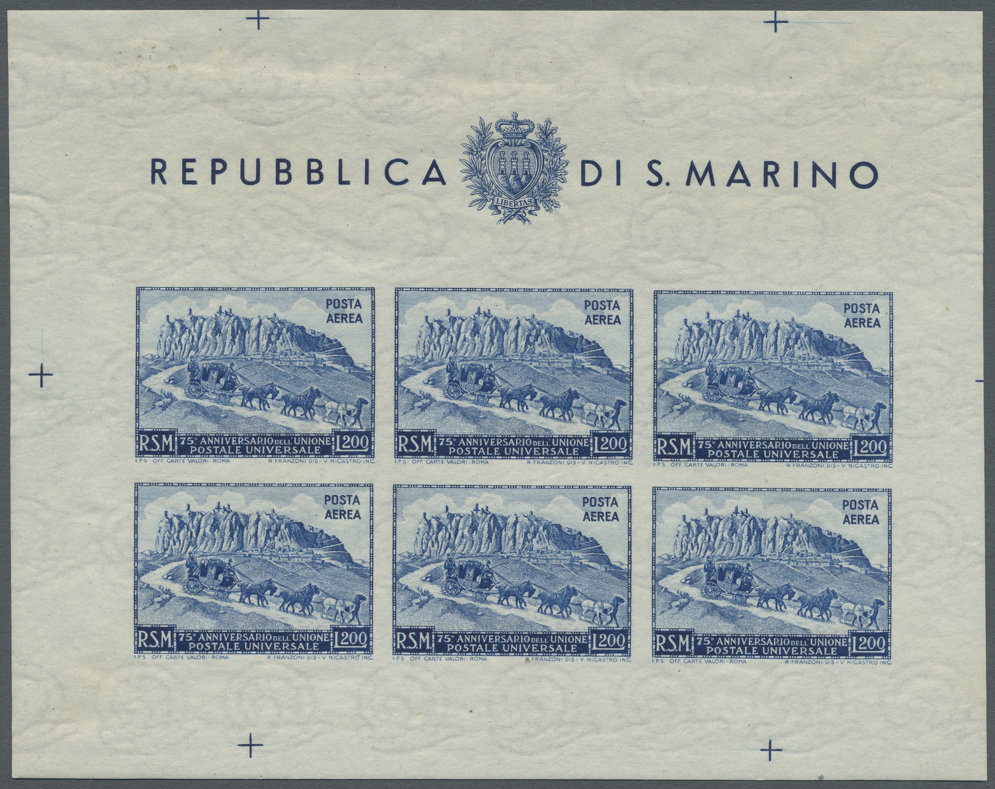 **/* San Marino: 1949/1951, 75 Jahre Weltpostverein Vier Verschiedene Kleinögen Mit 100 L. Blau/rotlila, 200 L. Bla - Neufs