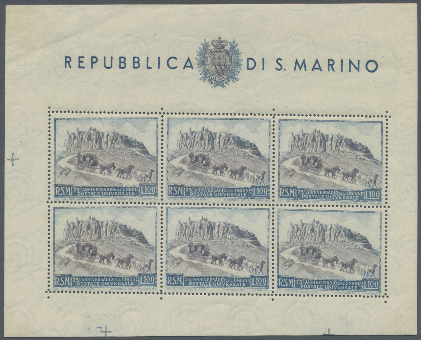 **/* San Marino: 1949/1951, 75 Jahre Weltpostverein vier verschiedene Kleinögen mit 100 L. blau/rotlila, 200 L. bla