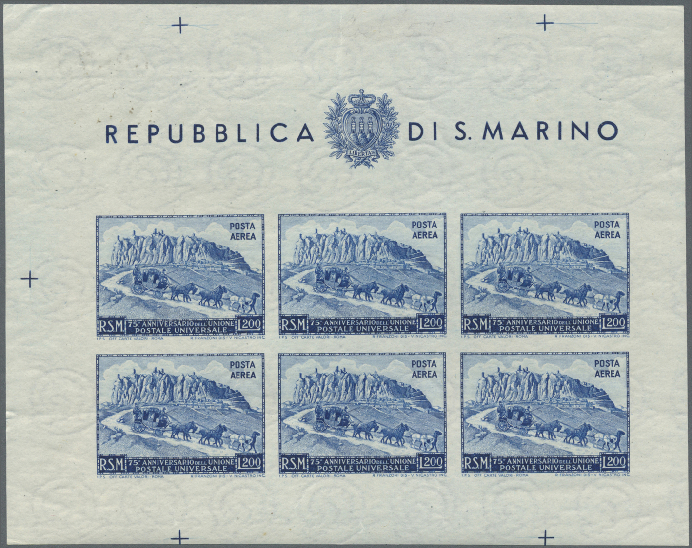 ** San Marino: 1950, 75 Jahre Weltpostverein 200 L. Blau Im Gezähnten Und UNGEZÄHNTEN Kleinbogen, Postfrisch Mit - Neufs