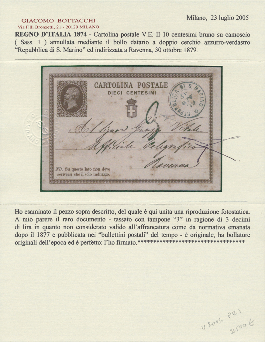 GA San Marino - Ganzsachen: 1879: Italian Postal Stationery 10 Centesimi Brown Used In SAN MARINO With Blue Doubl - Entiers Postaux
