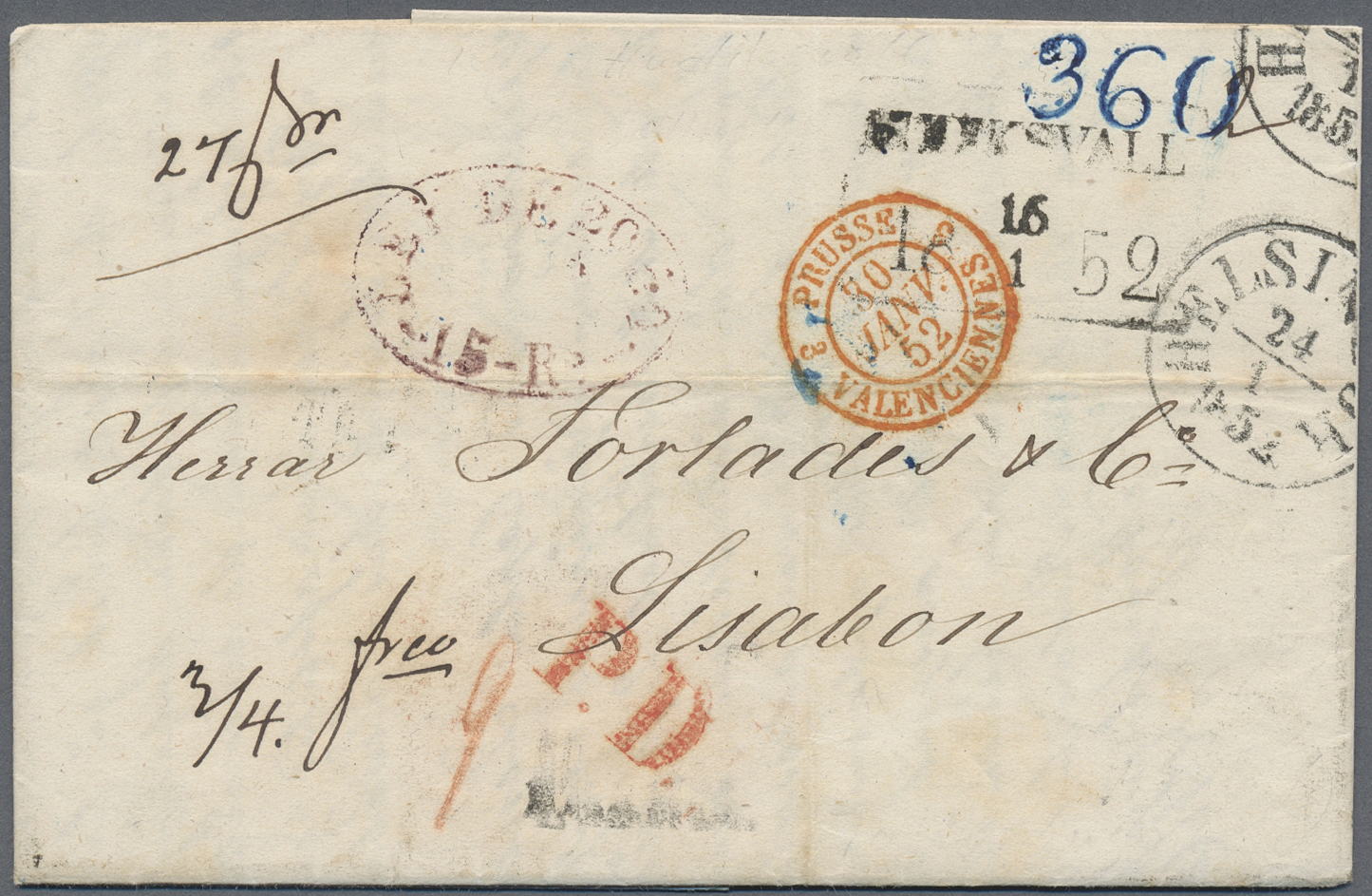 Br Schweden - Vorphilatelie: "HUDIKSVALL 16 1 1852" On Complete Entire Letter Sent Via"HELSINFORS 24/1", "HAMBURG - ... - 1855 Préphilatélie