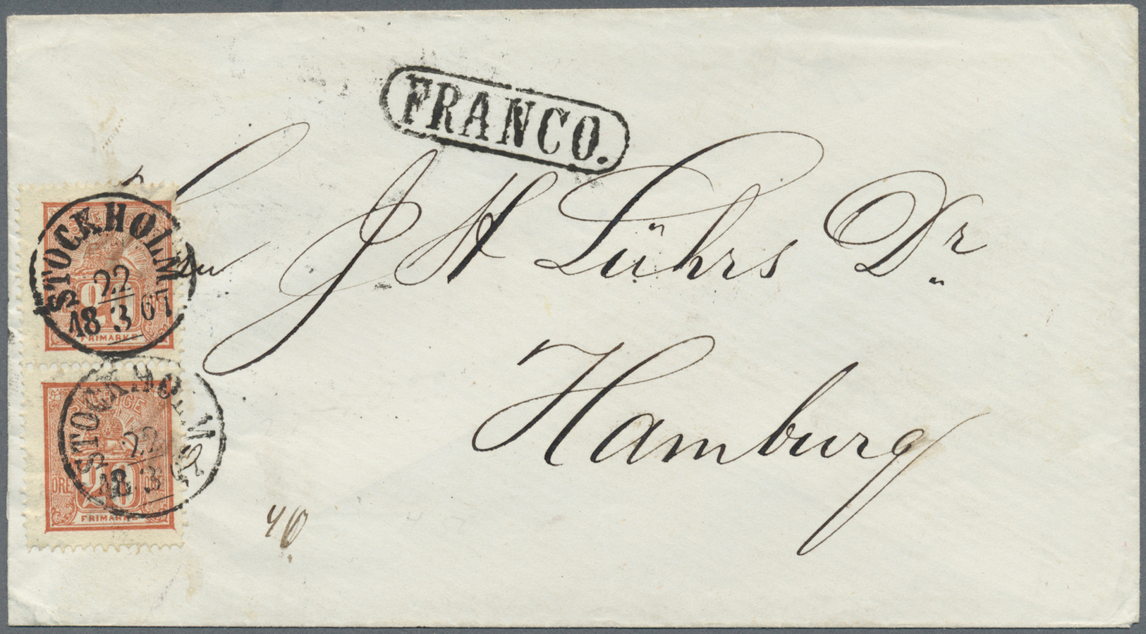 Br Schweden: 1866, Lion 20 ö. Red, Vertical Pair Tied By Clear Cds. "STOCKHOLM 22.3.1867" To Envelope With Boxed - Neufs