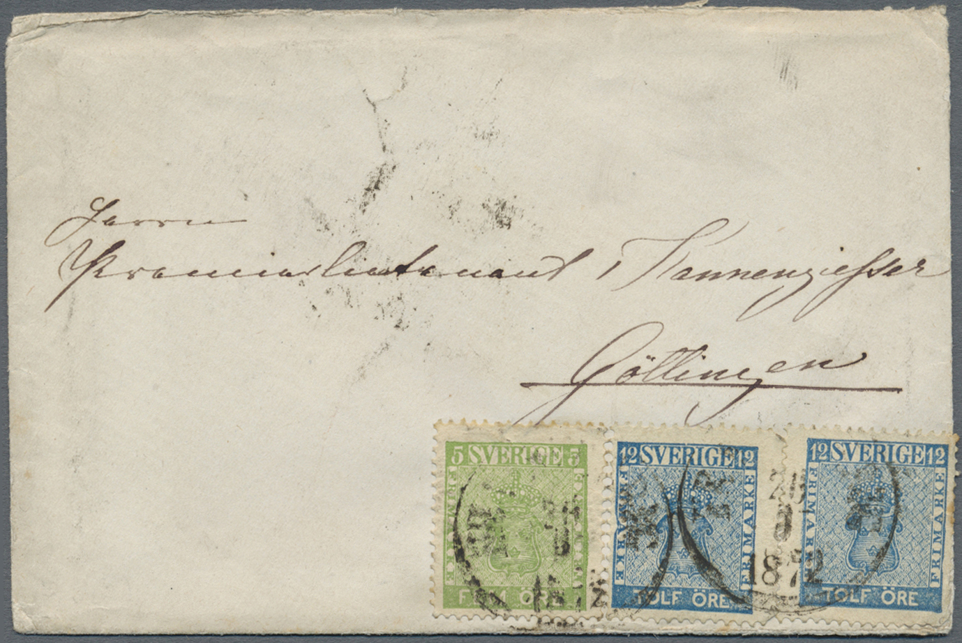 Br Schweden: 1872, Auslandsbrief Mit 1x5 Und 2x12 Öre Wappen (mit 2 Öre überfrankiert) Mit Schwachem Stempel "FRA - Neufs