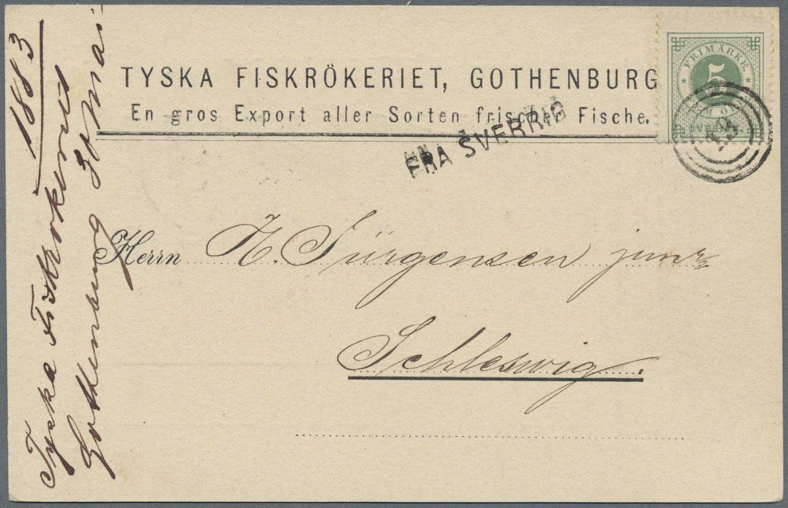 Br Schweden: 1872, Ringtype 13, 5 ö. Green Tied By Numeral "19" To Printed Matter Card With Straight Line "FRA SV - Neufs