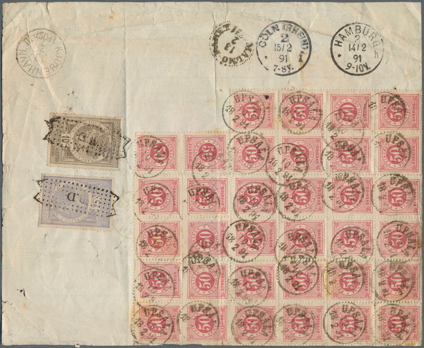 Br Schweden: 1877, 50 ö. Carmin, Two Vertical Blocks Of 12, Vertical Block Of 8 And Pair, Tied By Cds. "UPSALA 10 - Unused Stamps