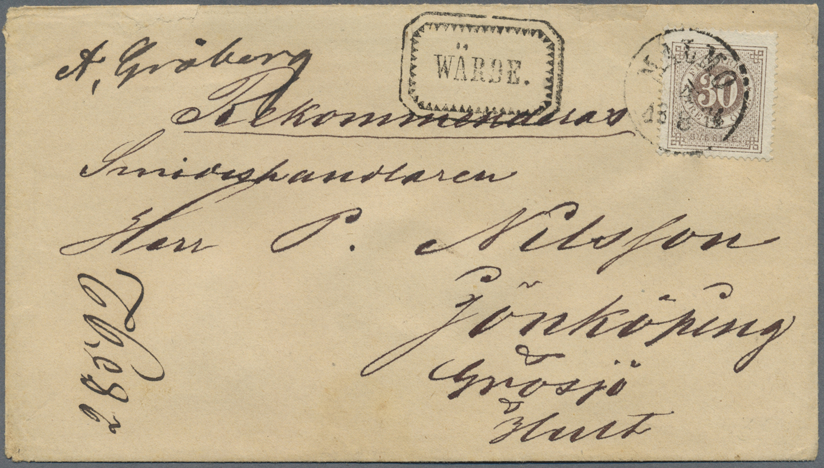 Br Schweden: 1872, Ringtyp 14, 30 ö. Brown, Tied By Cds. "MALMÖ 4.8.74" To Registered Cover With Black Boxed "WÄR - Neufs