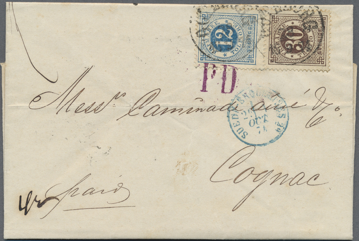 Br Schweden: 1874. Envelope To France Bearing Yvert 20, 12o Blue And Yvert 23, 30o Brown Tied By Gothenburg Date - Neufs