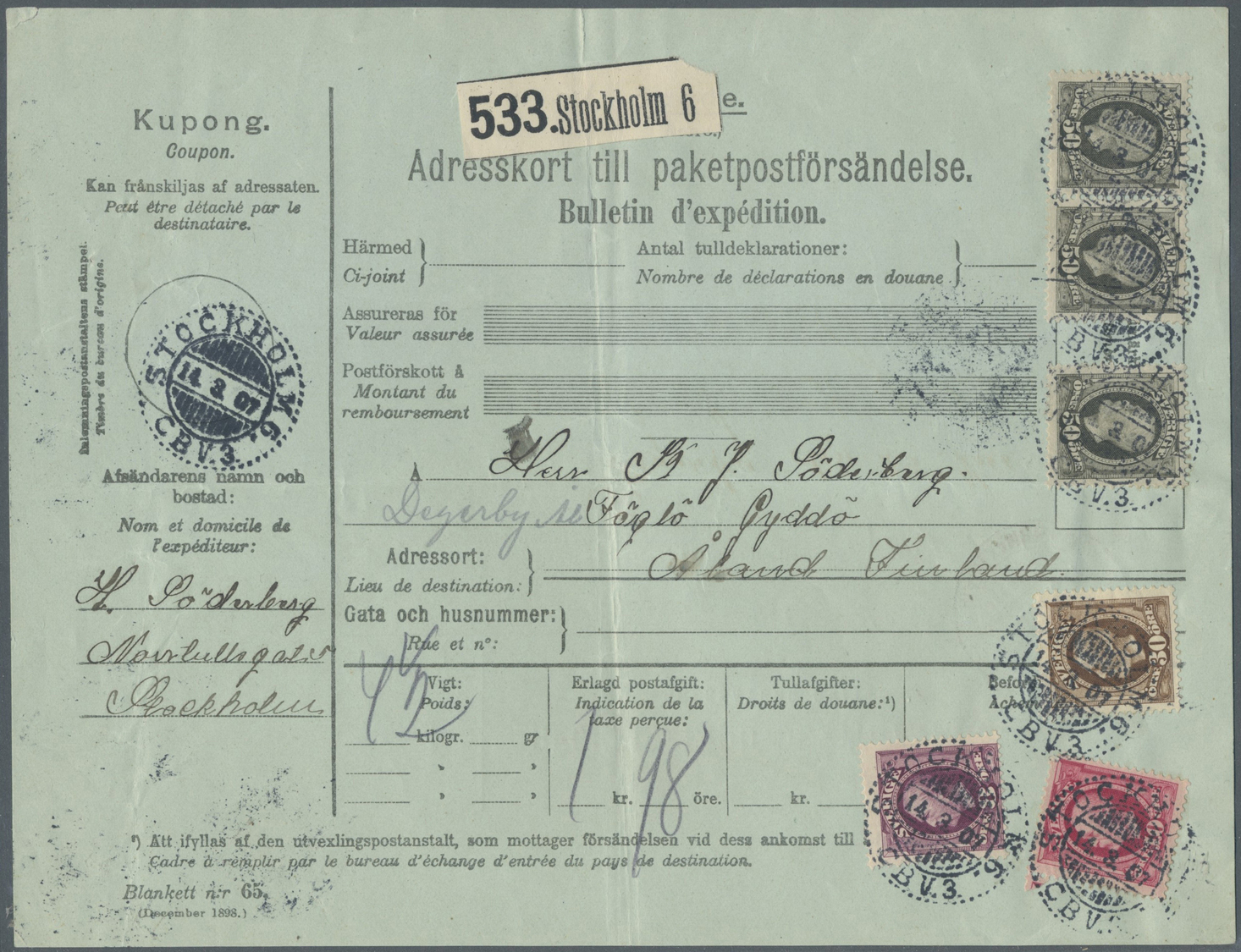 Br Schweden: 1907, Auslands-Paketkarte Mit Attraktiver 1,98 Kr. - Frankatur Von Stockholm Auf Die Aland-Inseln (z - Neufs