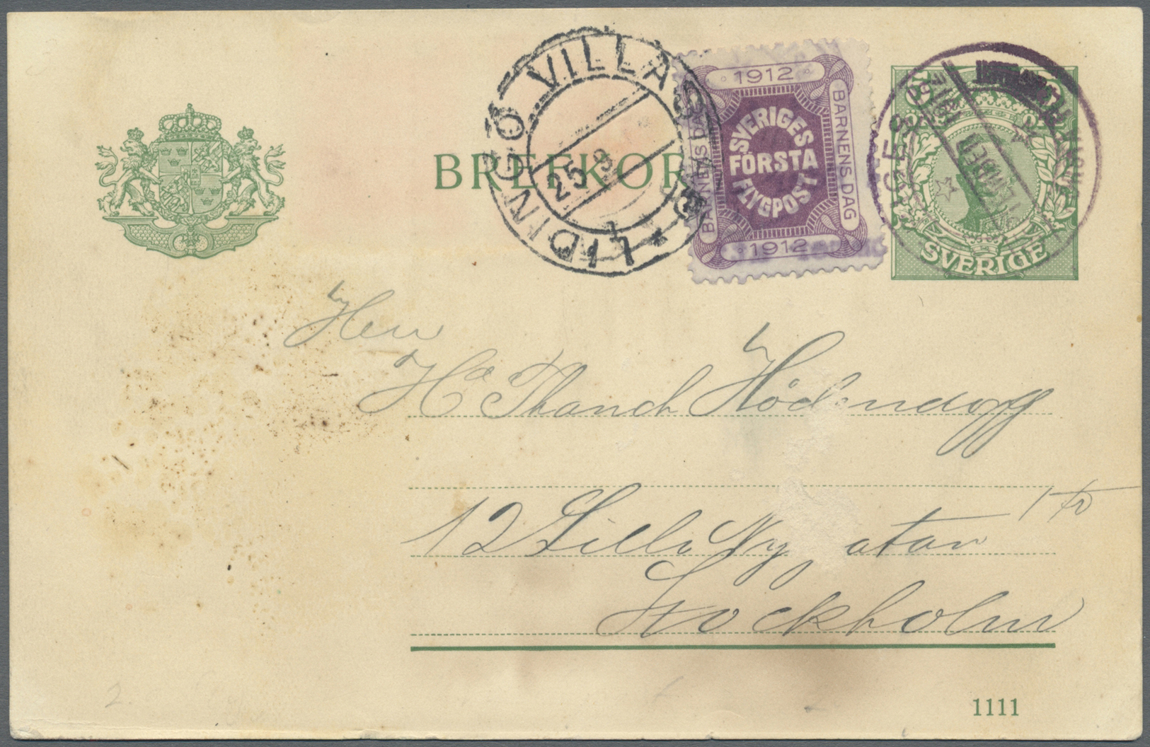 GA Schweden: 1912, "SVERIGES FÖRSTA FLYPOST" Violett Auf Katastrophenpost-GA-Karte (crash Mail Card) Vom Zweiten - Unused Stamps