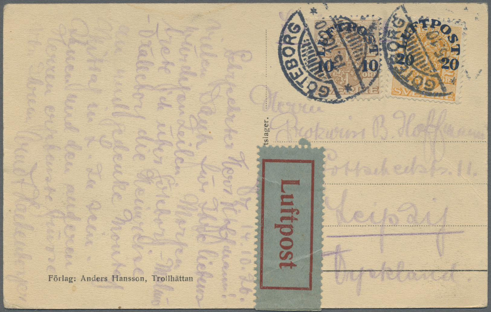 Br/ Schweden: 1920, Postcard Via Airmail From GÖTEBORG To Leipzig Wfranked With 10 Ans 20 Öre Airmail Stamps. BERL - Unused Stamps