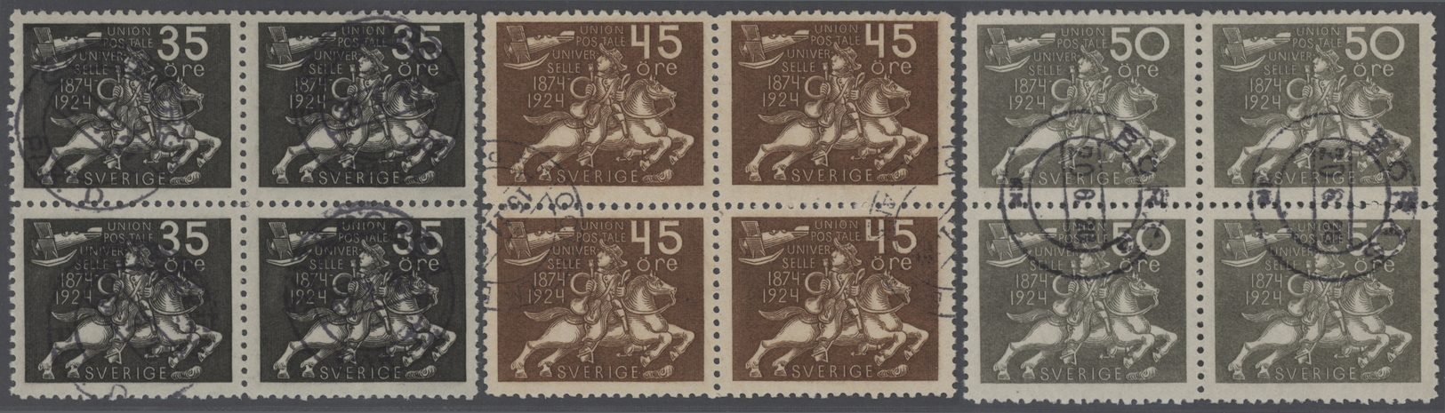 O Schweden: 1924, 50 Jahre Weltpostverein, 5 Ö. Bis 1 Kr., 13 Werte Je In 4er-Blocks, Farbfrisch, Sauber Gestemp - Unused Stamps