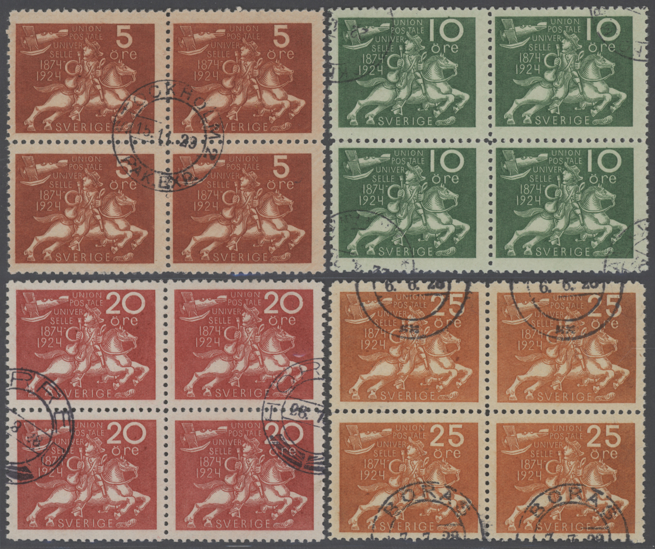 O Schweden: 1924, 50 Jahre Weltpostverein, 5 Ö. Bis 1 Kr., 13 Werte Je In 4er-Blocks, Farbfrisch, Sauber Gestemp - Unused Stamps