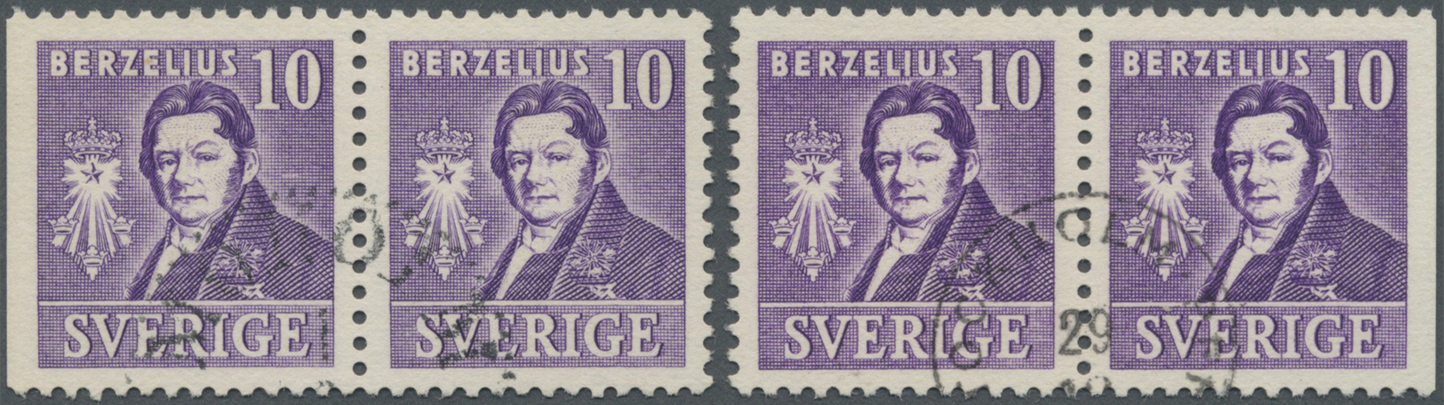 O Schweden: 1939, 10 Ö Violet In Two Pairs Used, Four-sided Perf/right Imperf And Left Imperf/right Four-sided P - Unused Stamps