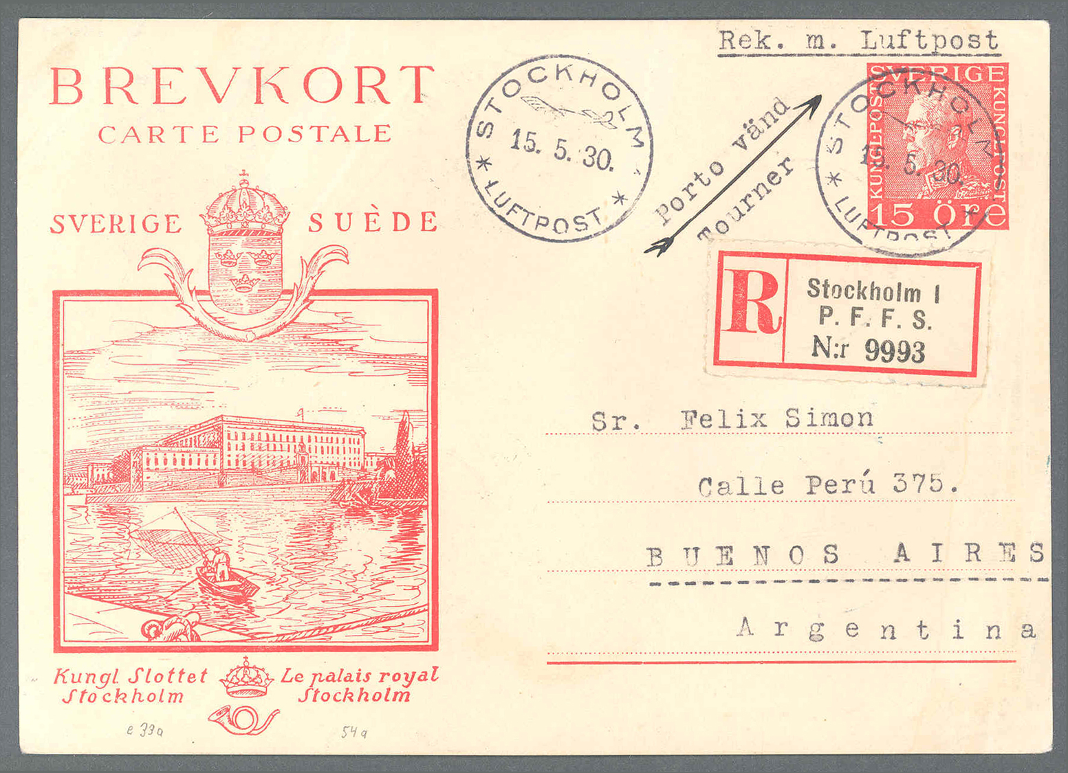 GA Schweden - Ganzsachen: 1930, 15 Öre Bildpost-GSK ”Schloss Stockholm” Als Einschreiben-Luftpostkarte Mit Rückse - Postal Stationery