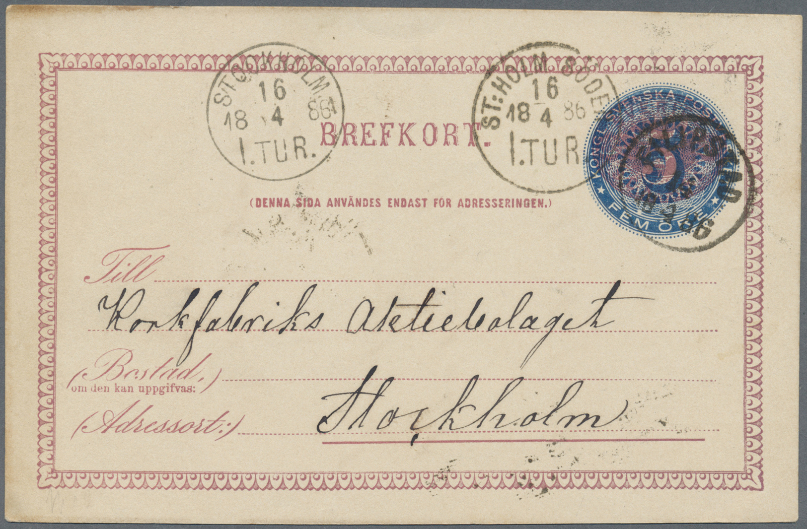 GA Schweden - Ganzsachen: 1885, 5 On 6 ö. Postal Stationery Card, Type I, Used From "FILIPSTAD 14.4.1886" To Stok - Postal Stationery