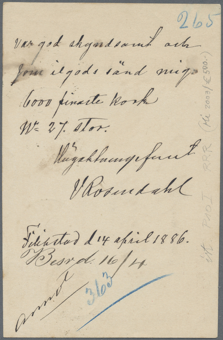 GA Schweden - Ganzsachen: 1885, 5 On 6 ö. Postal Stationery Card, Type I, Used From "FILIPSTAD 14.4.1886" To Stok - Entiers Postaux