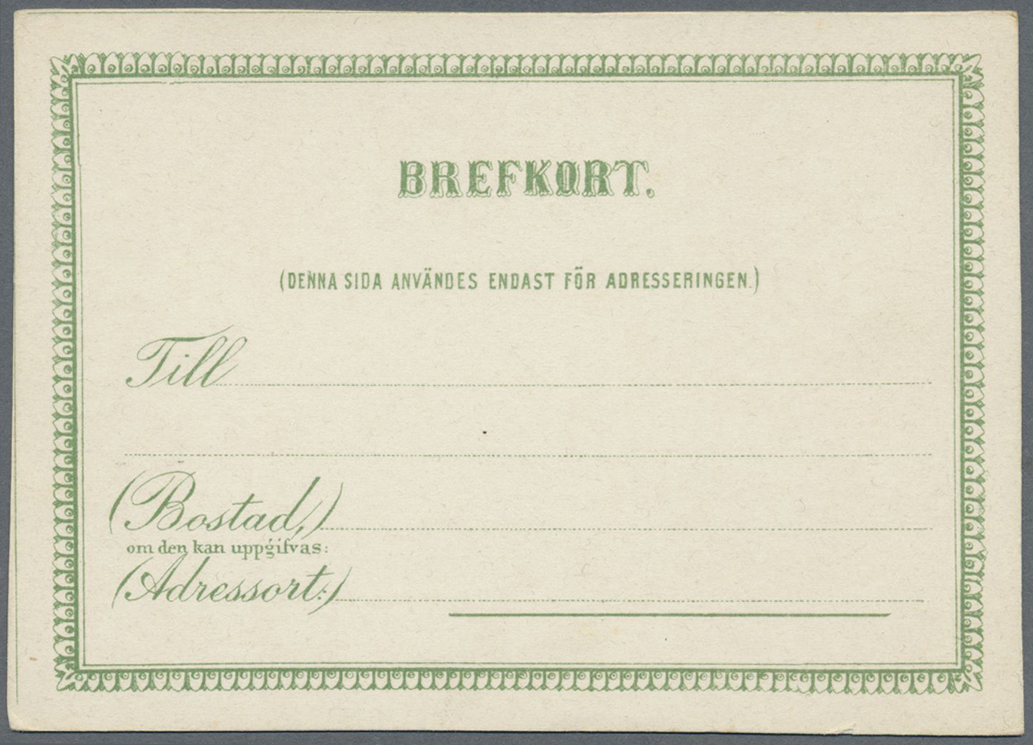 GA Schweden - Ganzsachen: 1872/1880 (ca.), Essay In Green, Issued Design But Without Value. Rare And Attractive! - Interi Postali
