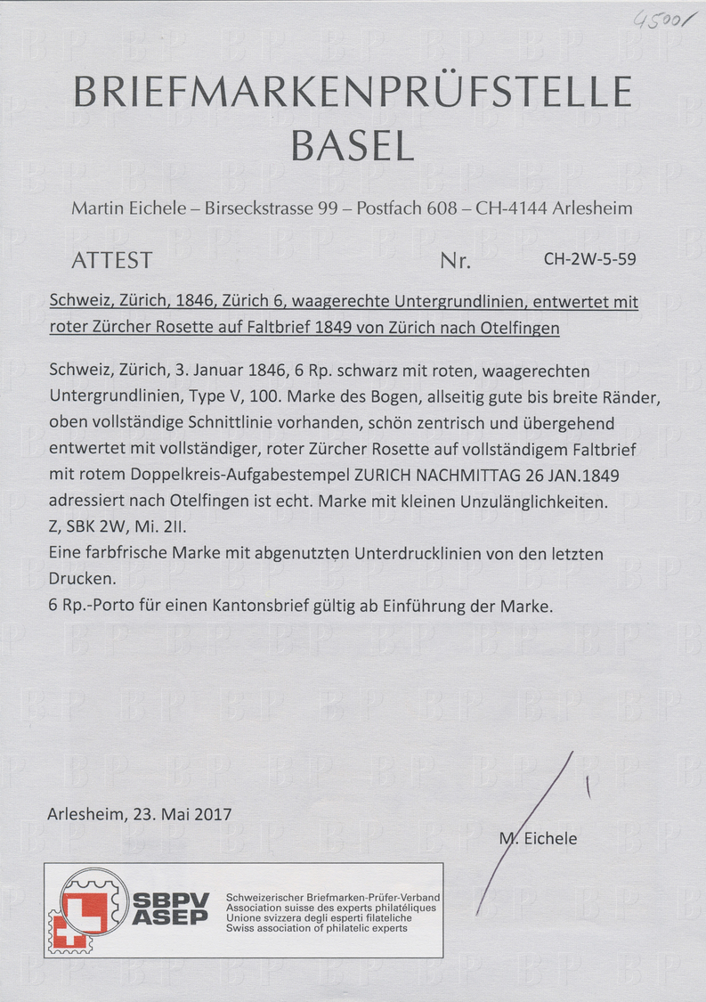 Br Schweiz - Zürich: 1849. Faltbrief Von Zürich Nach Otelfingen Mit 6 Rp Schwarz Mit Roten, Waagrechten Untergrun - 1843-1852 Poste Federali E Cantonali