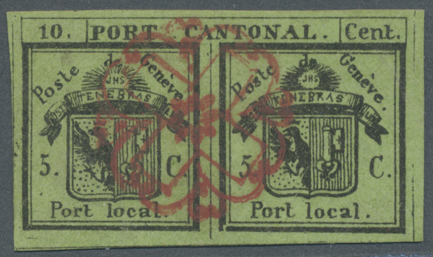 O Schweiz - Genf: 1843 DOPPELGENF 5+5 C. Schwarz/gelbgrün, Entwertet Mit Klar Und Voll Aufgesetzter, Roter Roset - 1843-1852 Timbres Cantonaux Et  Fédéraux