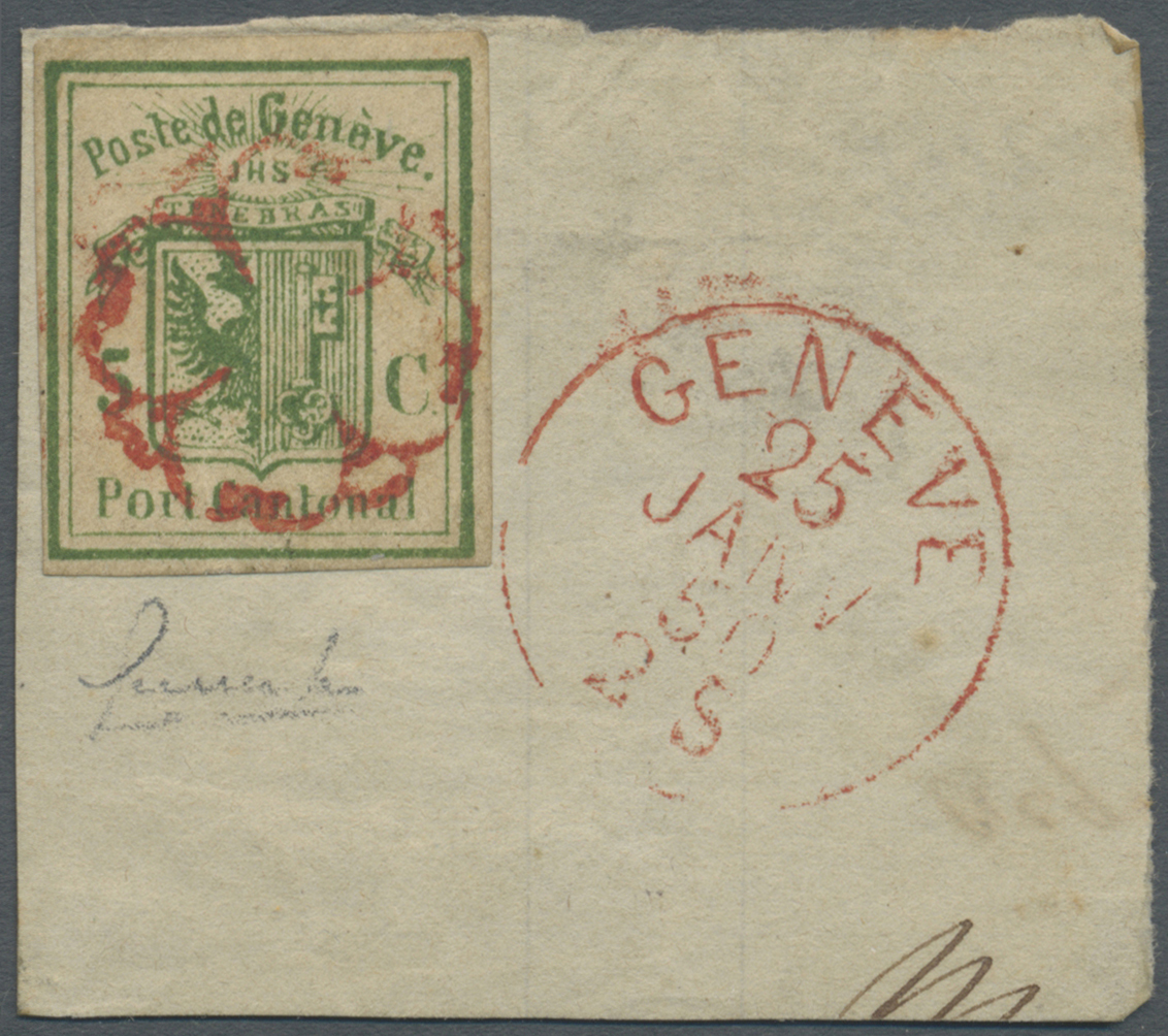 Brrst Schweiz - Genf: 1849 Genfer Ganzsachenausschnitt 5 C. Auf Ausschnitt Eines Briefes Von Genf, Zentrisch Entwert - 1843-1852 Federal & Cantonal Stamps