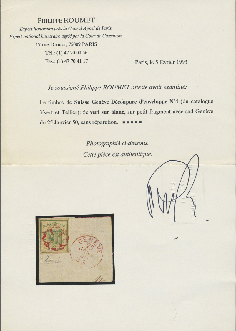 Brrst Schweiz - Genf: 1849 Genfer Ganzsachenausschnitt 5 C. Auf Ausschnitt Eines Briefes Von Genf, Zentrisch Entwert - 1843-1852 Federal & Cantonal Stamps