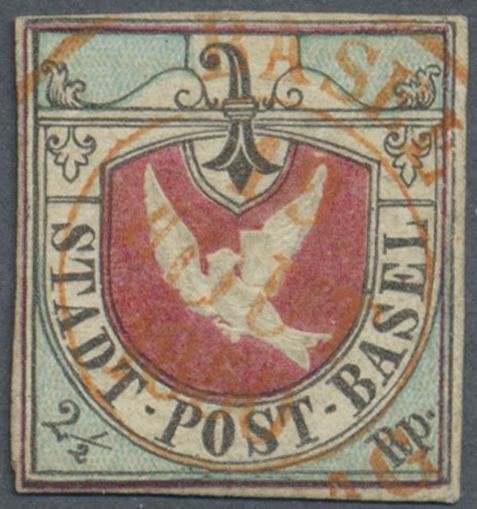 O Schweiz - Basel: 1845 Basler Taube 2½ Rp. Schwarz/blau/karmin, Gebraucht Und Entwertet Mit Voll Aufgesetztem Z - 1843-1852 Timbres Cantonaux Et  Fédéraux