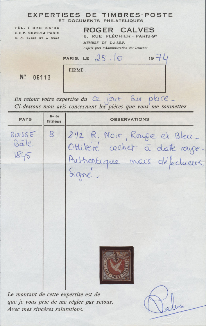 O Schweiz - Basel: 1845 Basler Taube 2½ Rp. Schwarz/blau/karmin, Gebraucht Und Entwertet Mit Voll Aufgesetztem Z - 1843-1852 Federal & Cantonal Stamps