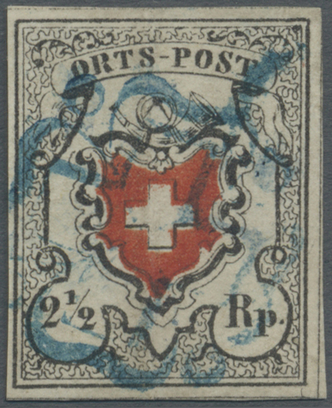 O Schweiz: 1850 Ortspost 2½ Rp. Schwarz/rot Mit Kreuzeinfassung, Type 4, Gebraucht Und Entwertet Mit BLAUER Züri - Unused Stamps