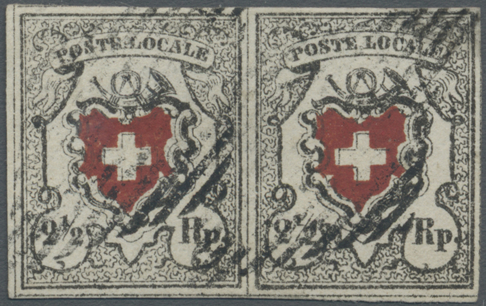 /O Schweiz: 1850 Poste Locale 2½ Rp. Schwarz/rot Im Waagerechten Paar Der Typen 33+34, Entwertet Mit Schwarzen, E - Unused Stamps