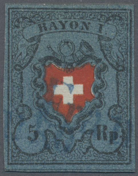 O Schweiz: 1850, 5 Rp. Schwarz/rot/dunkelblau, Ohne KE, Type 4, Abart "Doppelter Rotdruck Des Wappens”, Sehr Bre - Nuovi