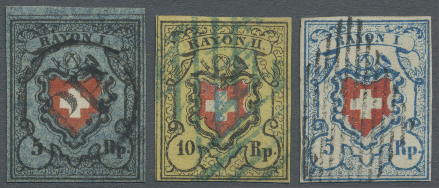 O Schweiz: 1850 Drei Attraktive Rayonmarken, Dabei Rayon I 5 Rp. Dunkelblau (Type 7, Marmorierter Blaudruck) Mit - Unused Stamps