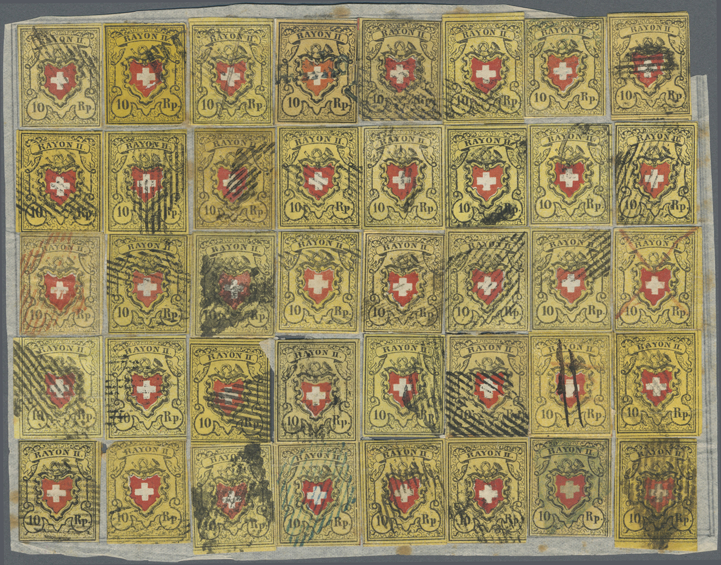 O Schweiz: 1850, 10 Rp. Schwarz /rot Auf Gelb, Bogenrekonstruktion Von 40 Marken, Meist Farbfrische Gut Gerandet - Nuovi