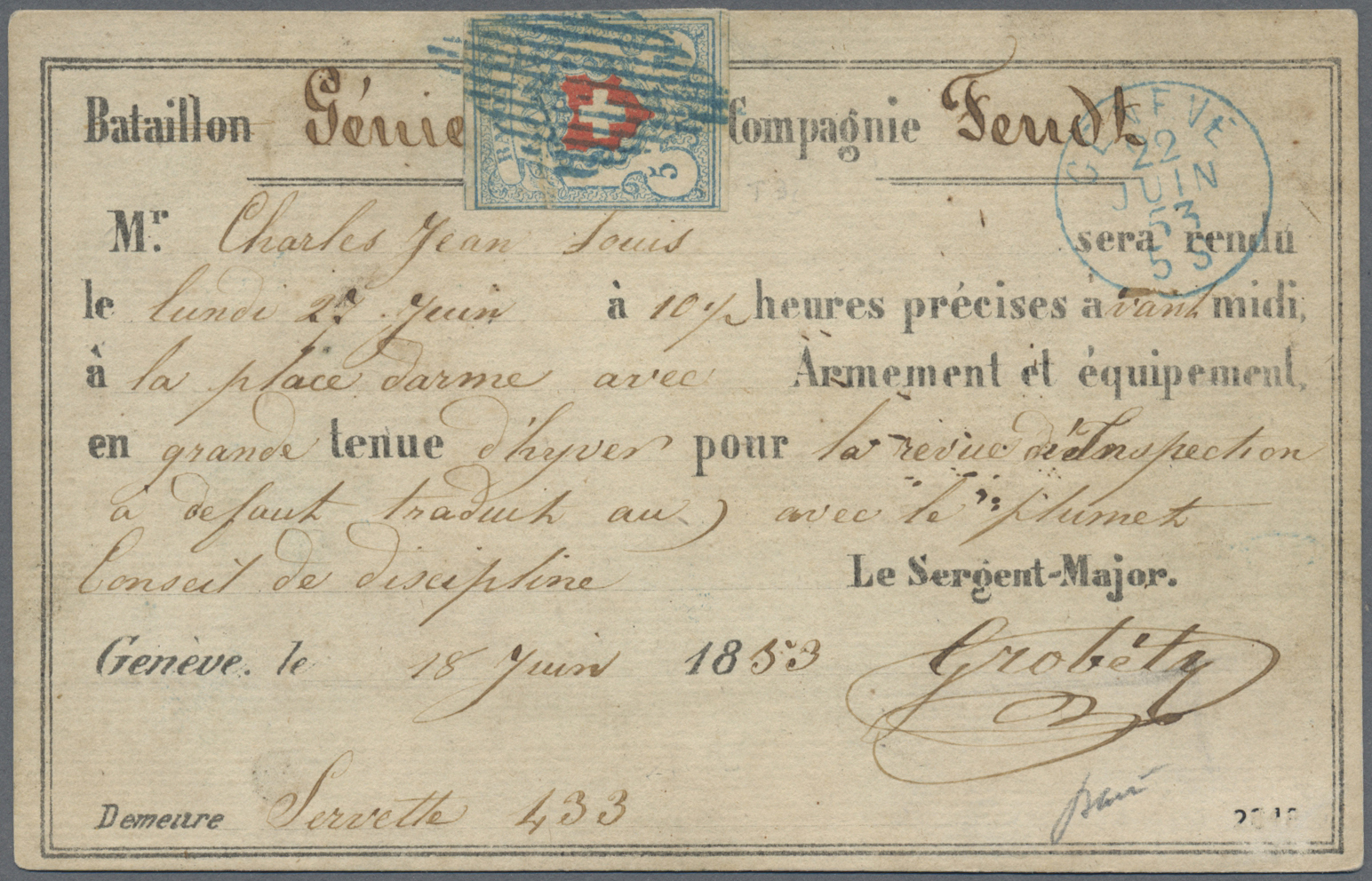 Br Schweiz: 1851, 5 Rp. "Rayon I" Hellblau/rot Ohne Kreuzeinfassung (Mgl.) Auf MILITÄR-EINBERUFUNGS-KARTE Marke F - Unused Stamps